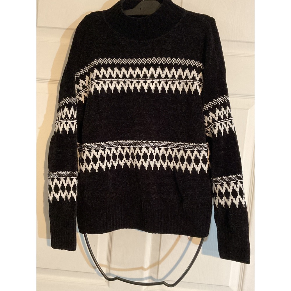 Christian Siriano New York Black White Chenille FairIsle Mock Neck Sweater Small